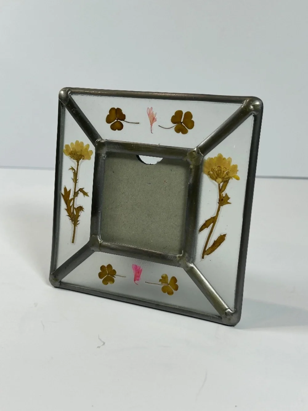 Vintage Lead & Glass Square Picture Frame with Dried Pressed Flower Rustic Charm